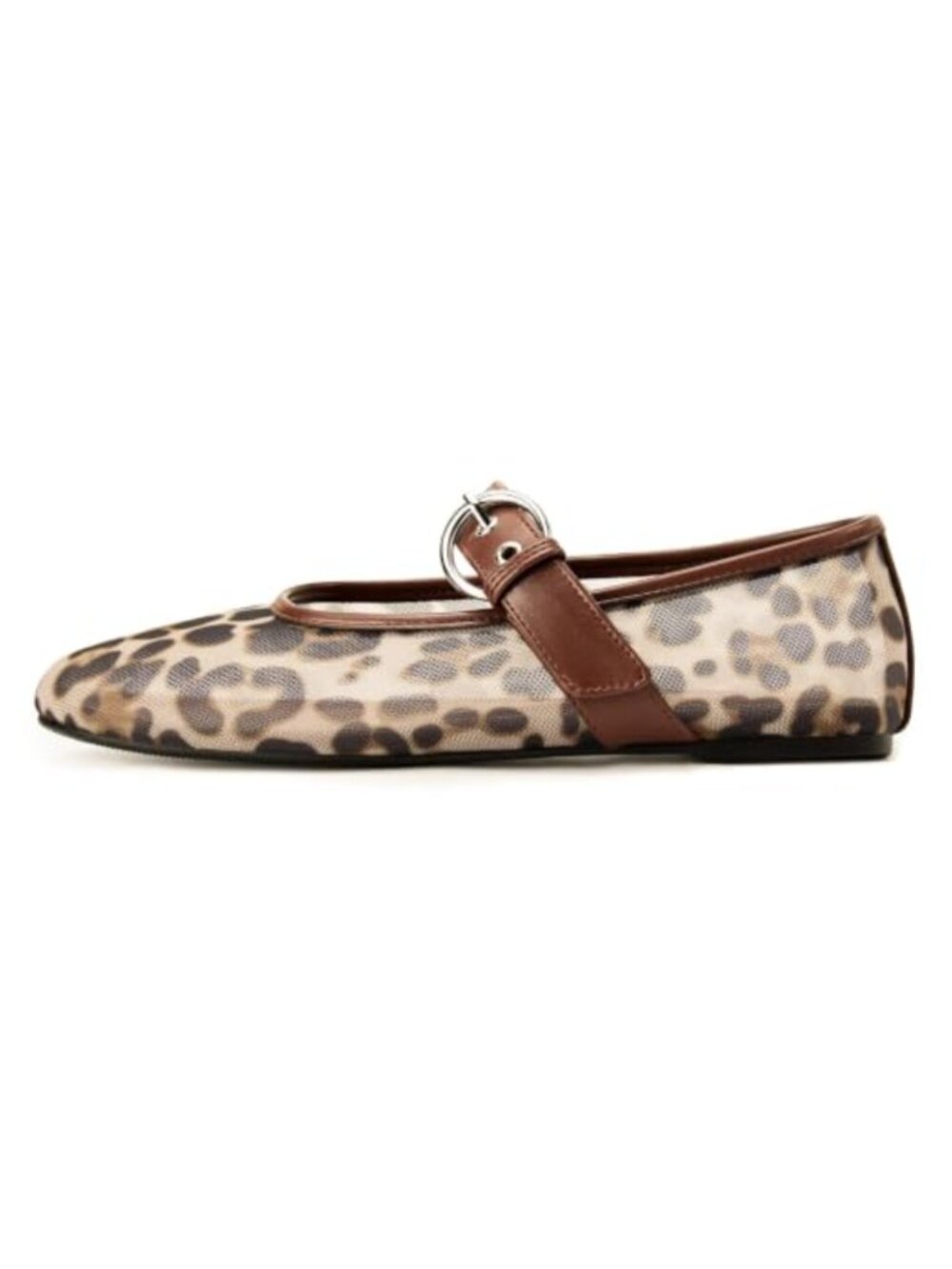 Women's Leopard Mesh Ballet Flats Round Toe Mary Jane Buckle Shoes